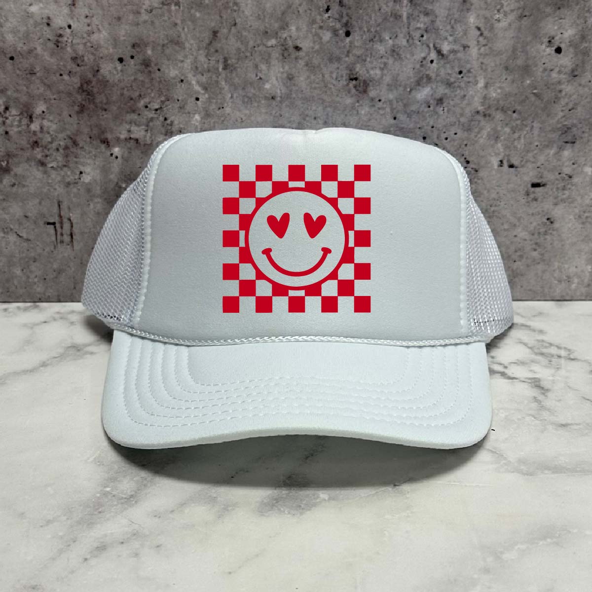 Smiley Checkered Heart eyes Trucker Hat