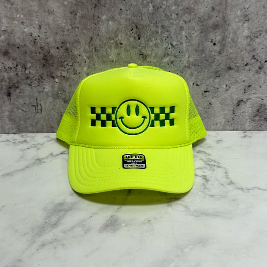Smiley with Checkered Stripe Embroidered Trucker Hat