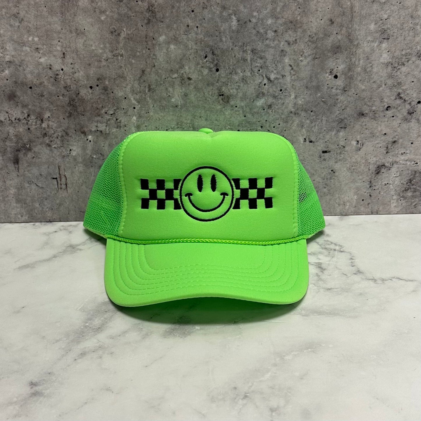 Smiley with Checkered Stripe Embroidered Trucker Hat