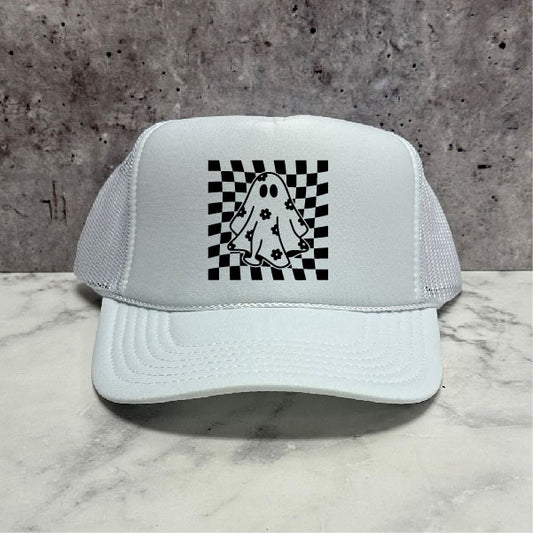 Ghost Checkered Halloween Trucker Hat