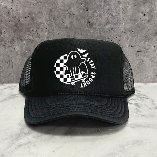 Stay Spooky Ghost Skateboard Halloween Trucker Hat