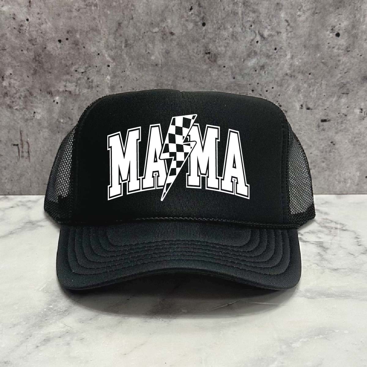 MAMA Stencil Checkered Bolt Trucker Hat