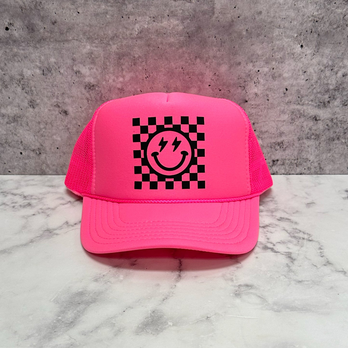 Checkered Smiley Trucker Hat