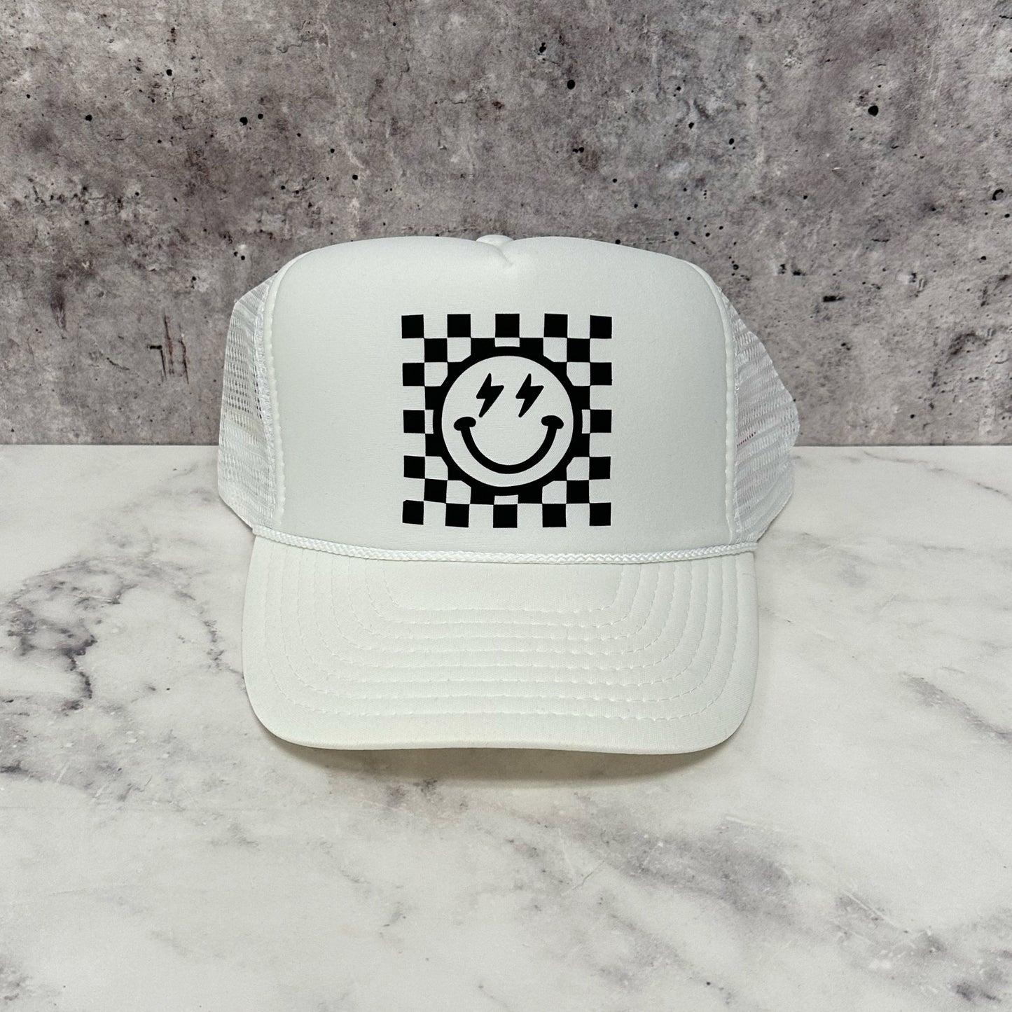 Checkered Smiley Trucker Hat