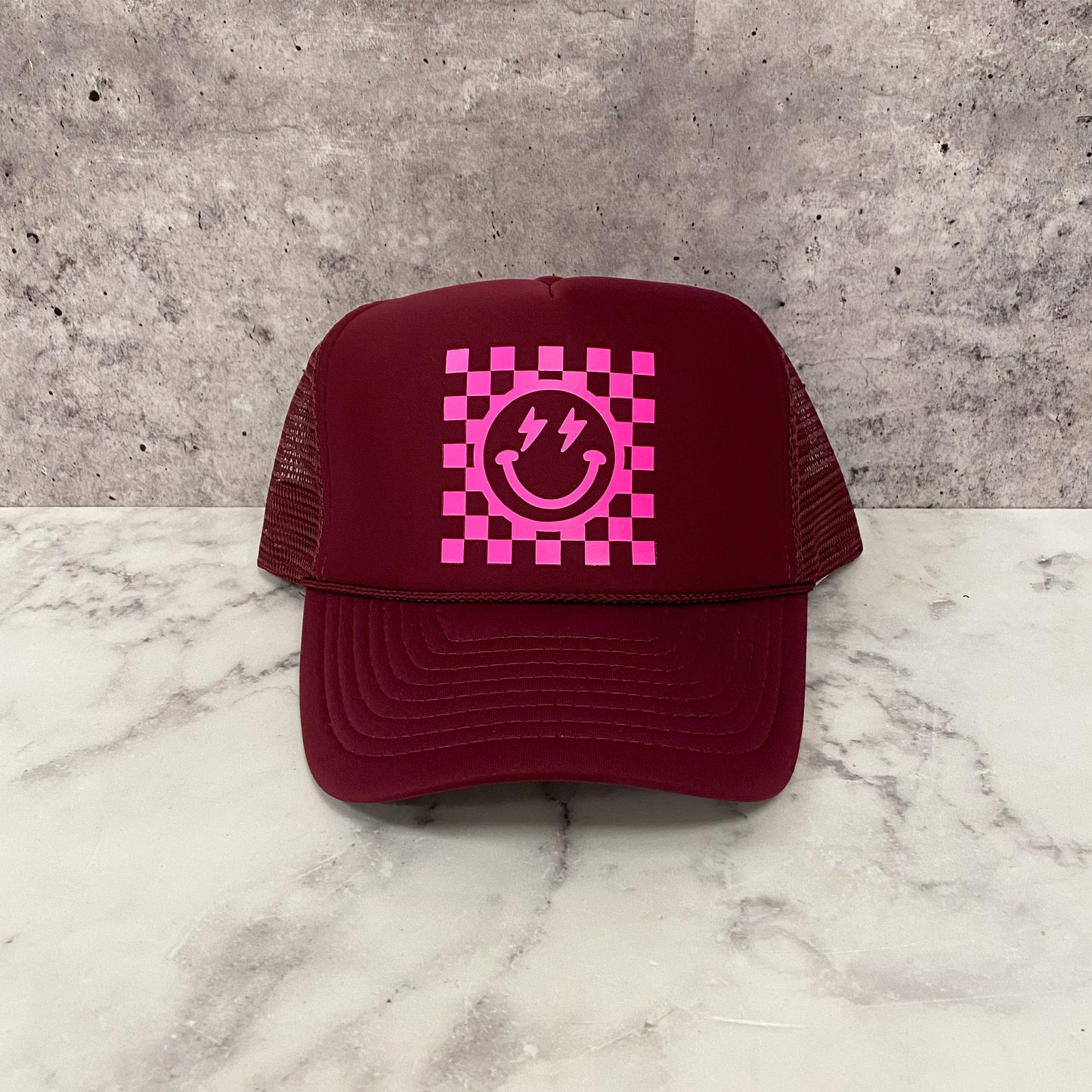 Checkered Smiley Trucker Hat