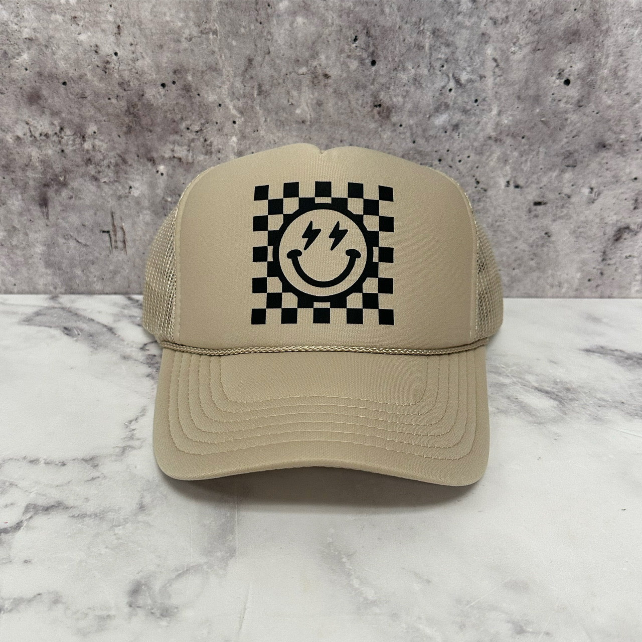 Checkered Smiley Trucker Hat