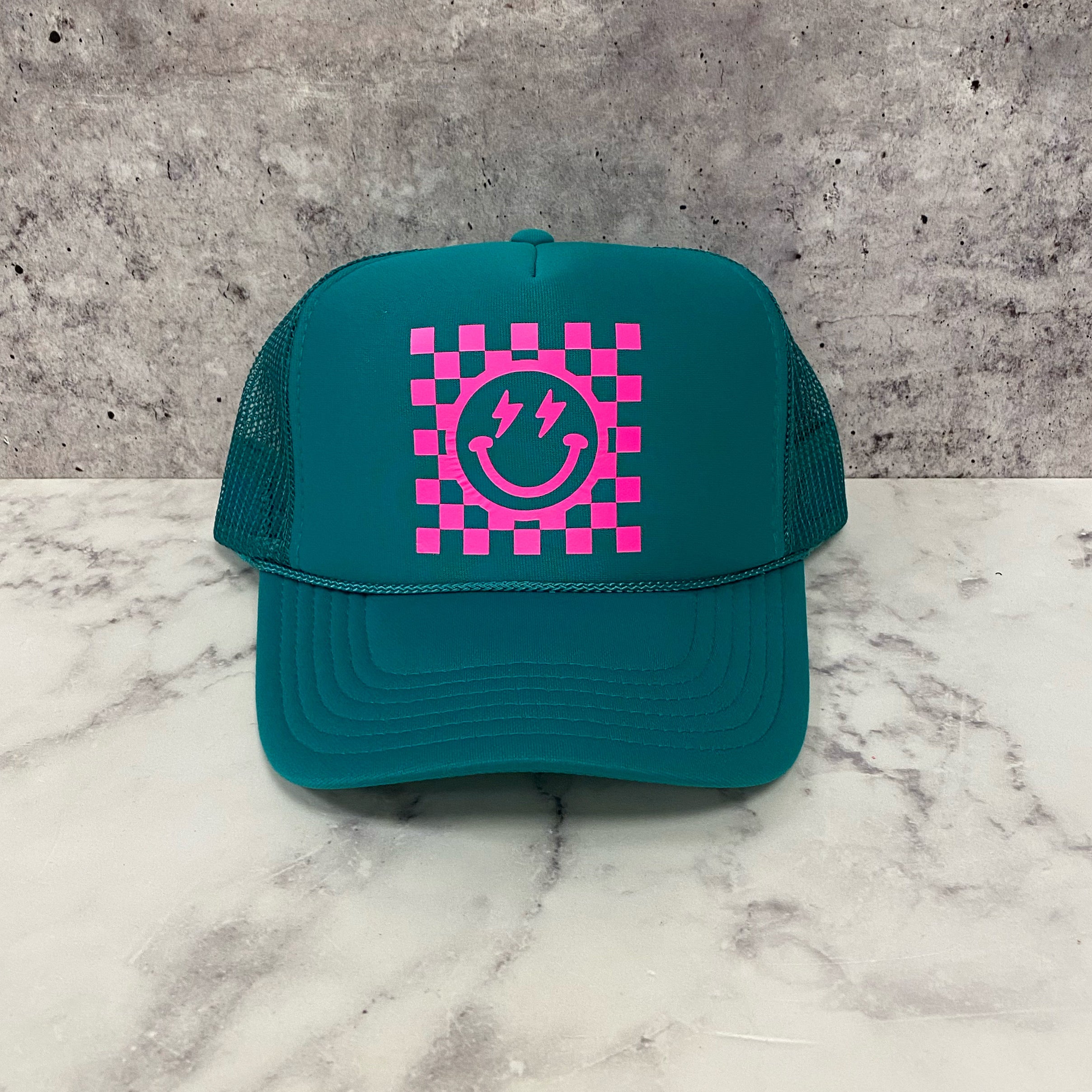 Checkered Smiley Trucker Hat