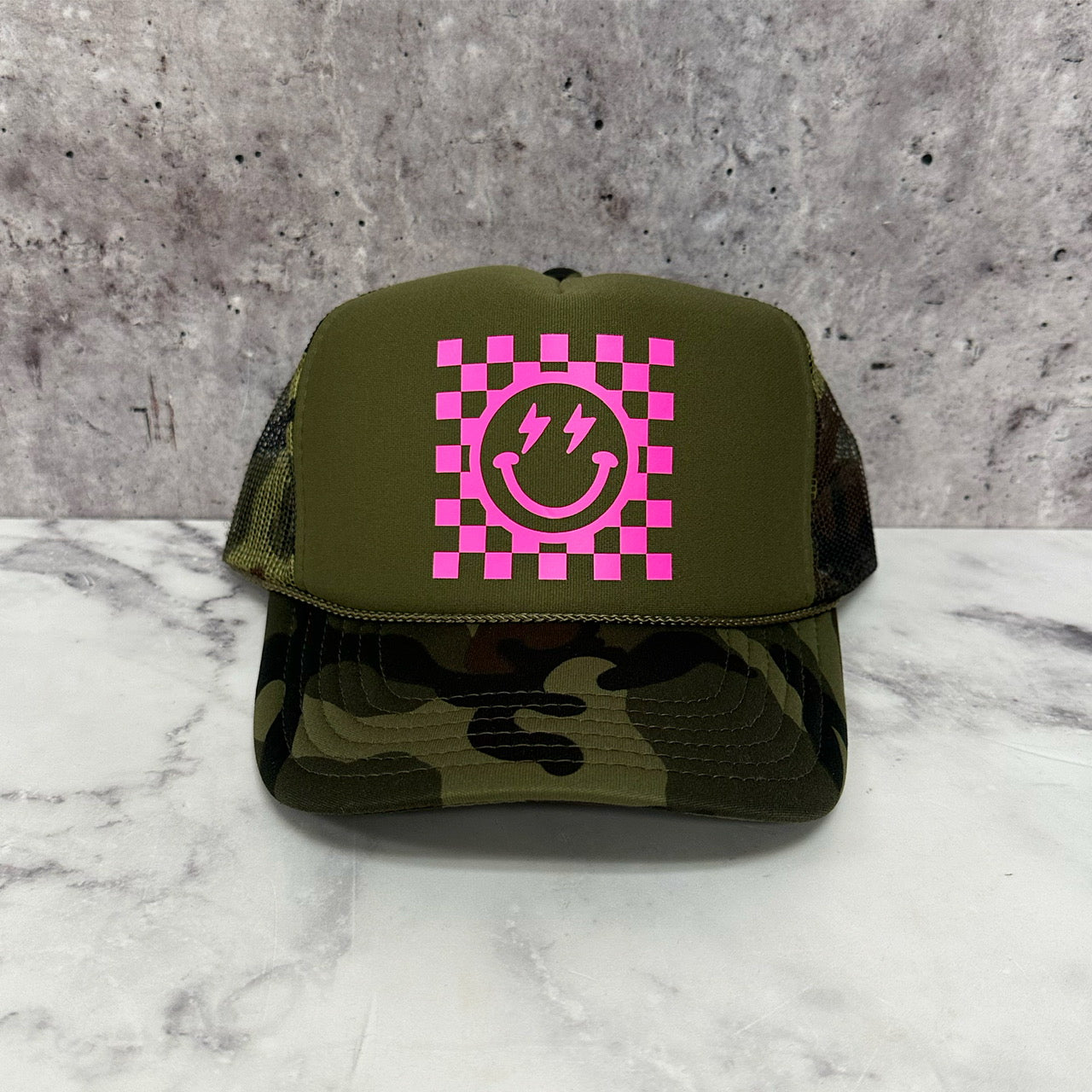 Checkered Smiley Trucker Hat