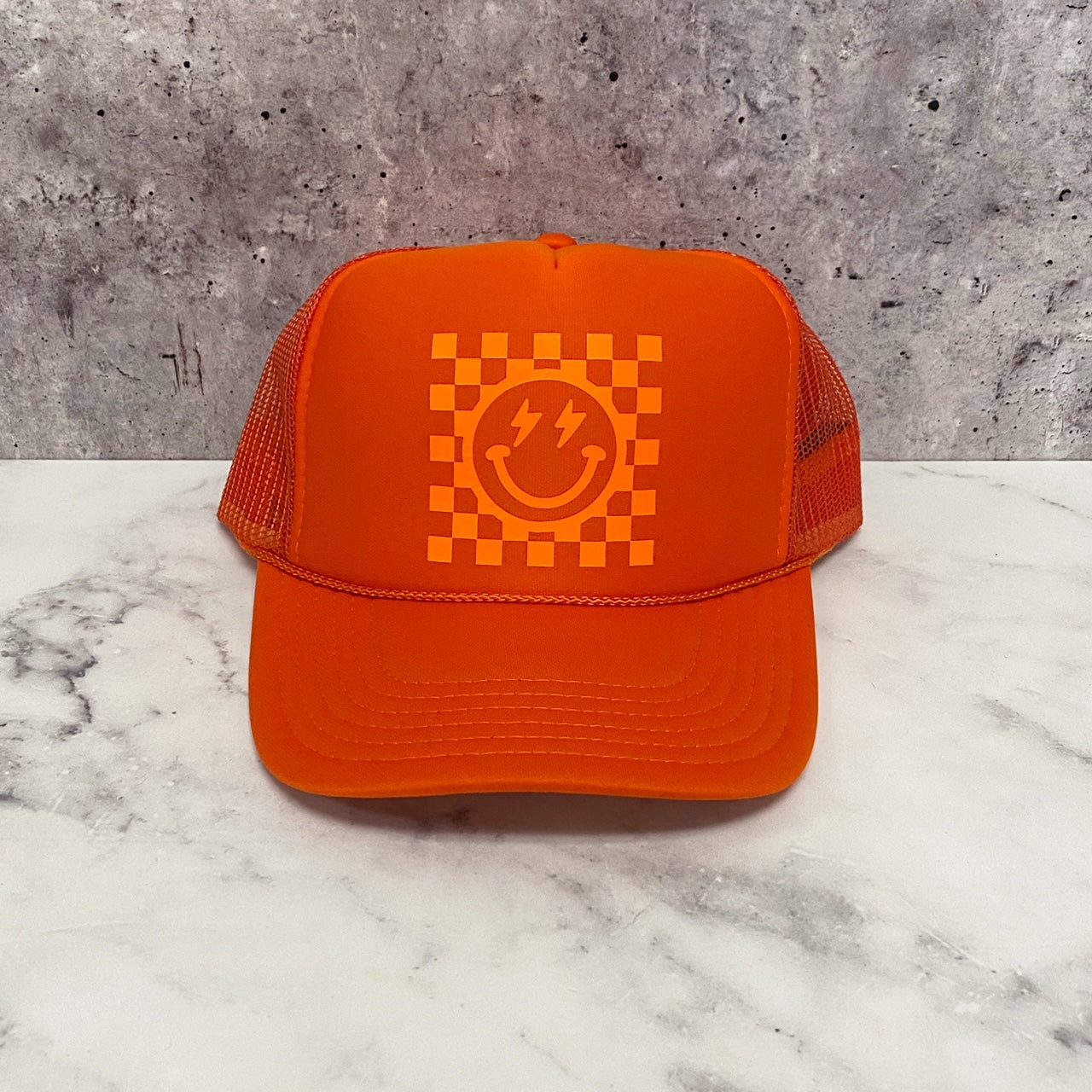 Checkered Smiley Trucker Hat