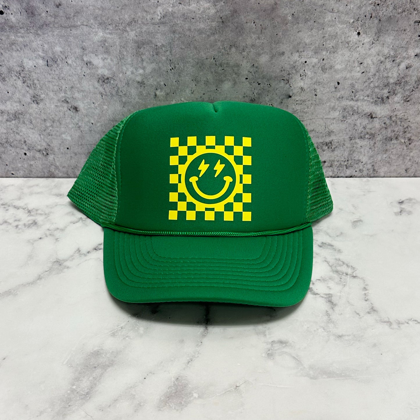 Checkered Smiley Trucker Hat