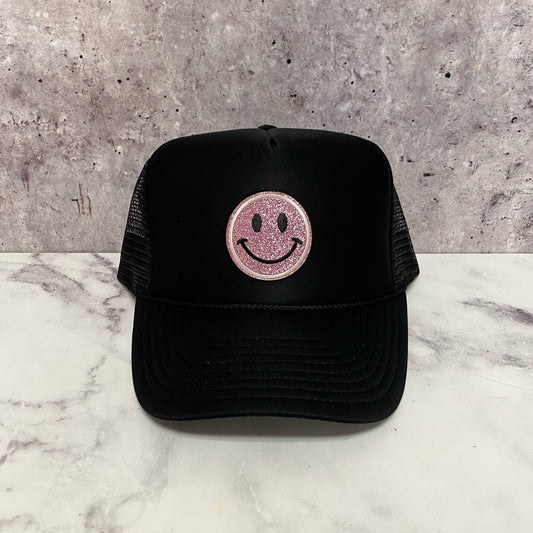 Pink Glitter Smiley Patch Trucker Hat
