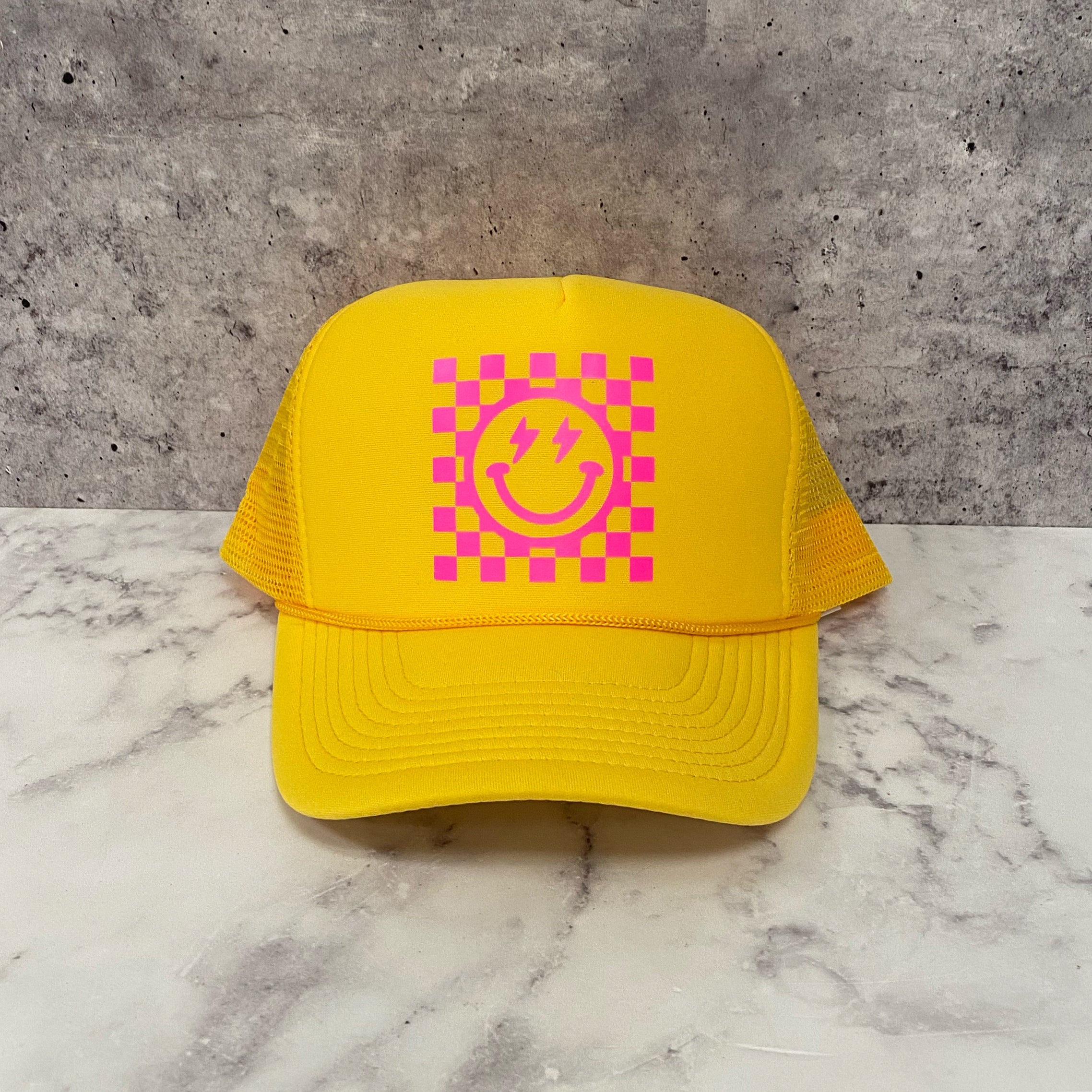 Checkered Smiley Trucker Hat