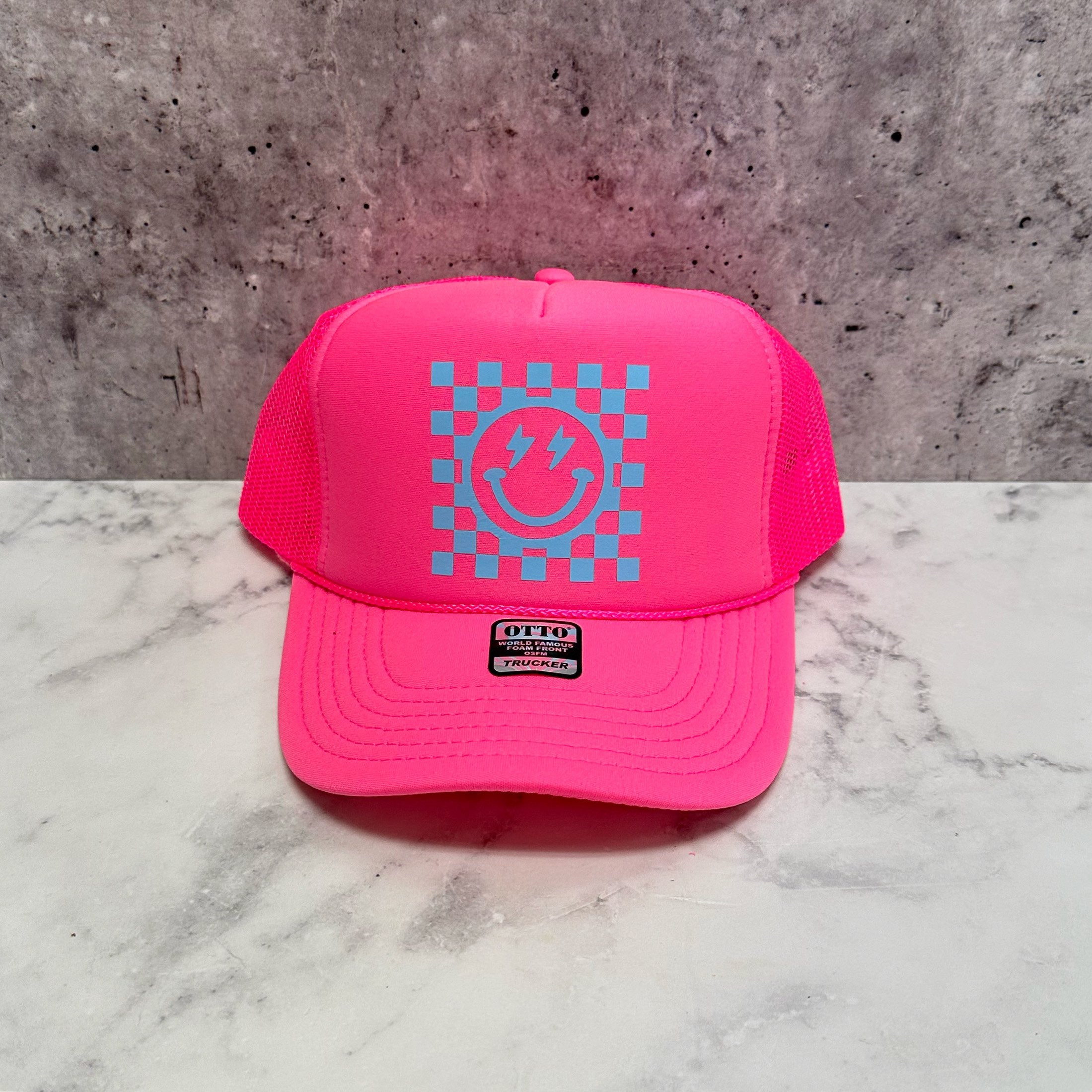 Checkered Smiley Trucker Hat