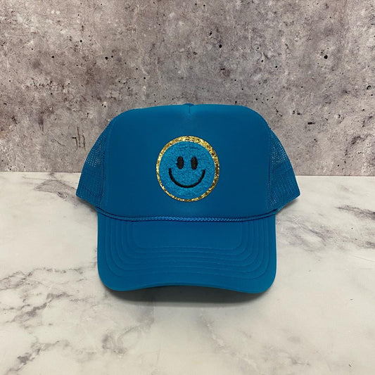 Blue Smiley Patch Trucker Hat