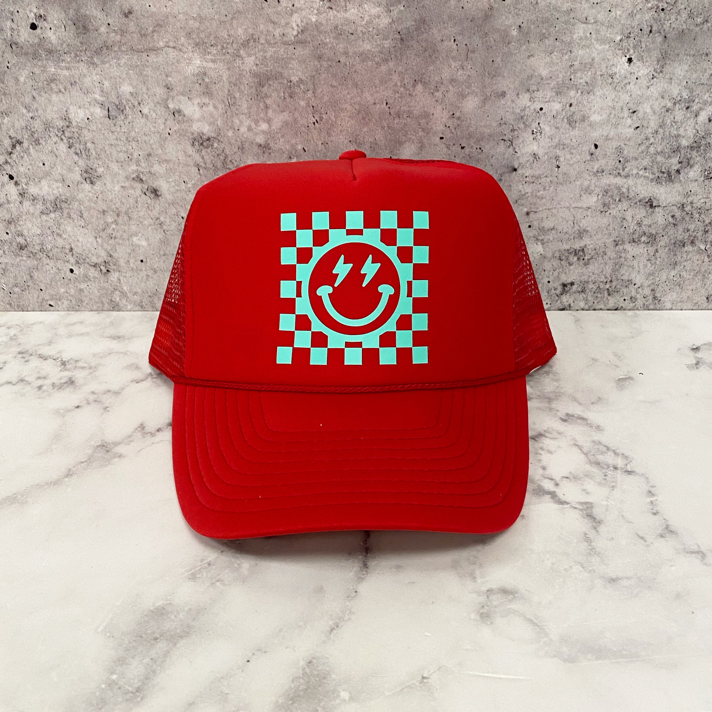 Checkered Smiley Trucker Hat