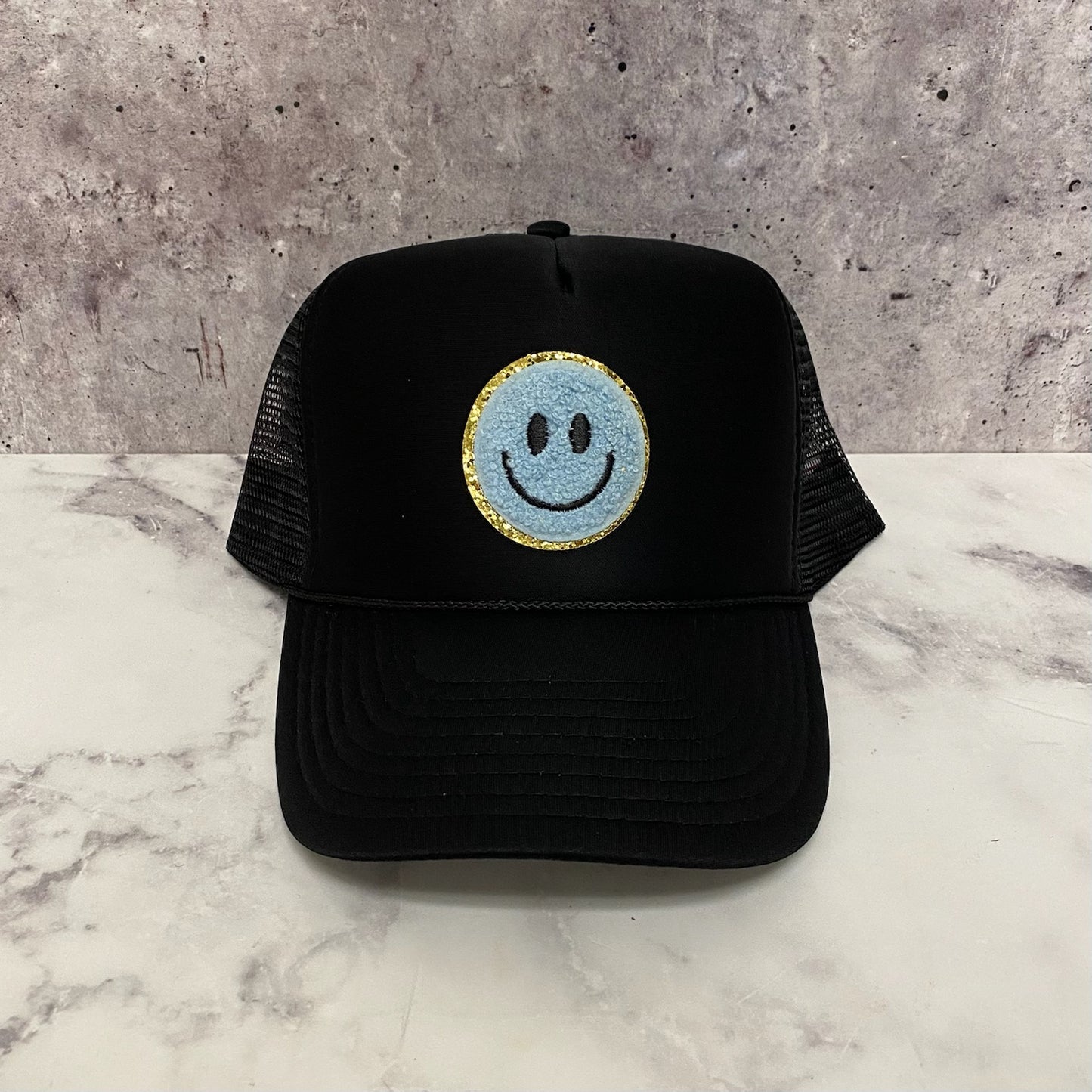 Baby Blue Smiley Patch Trucker Hat