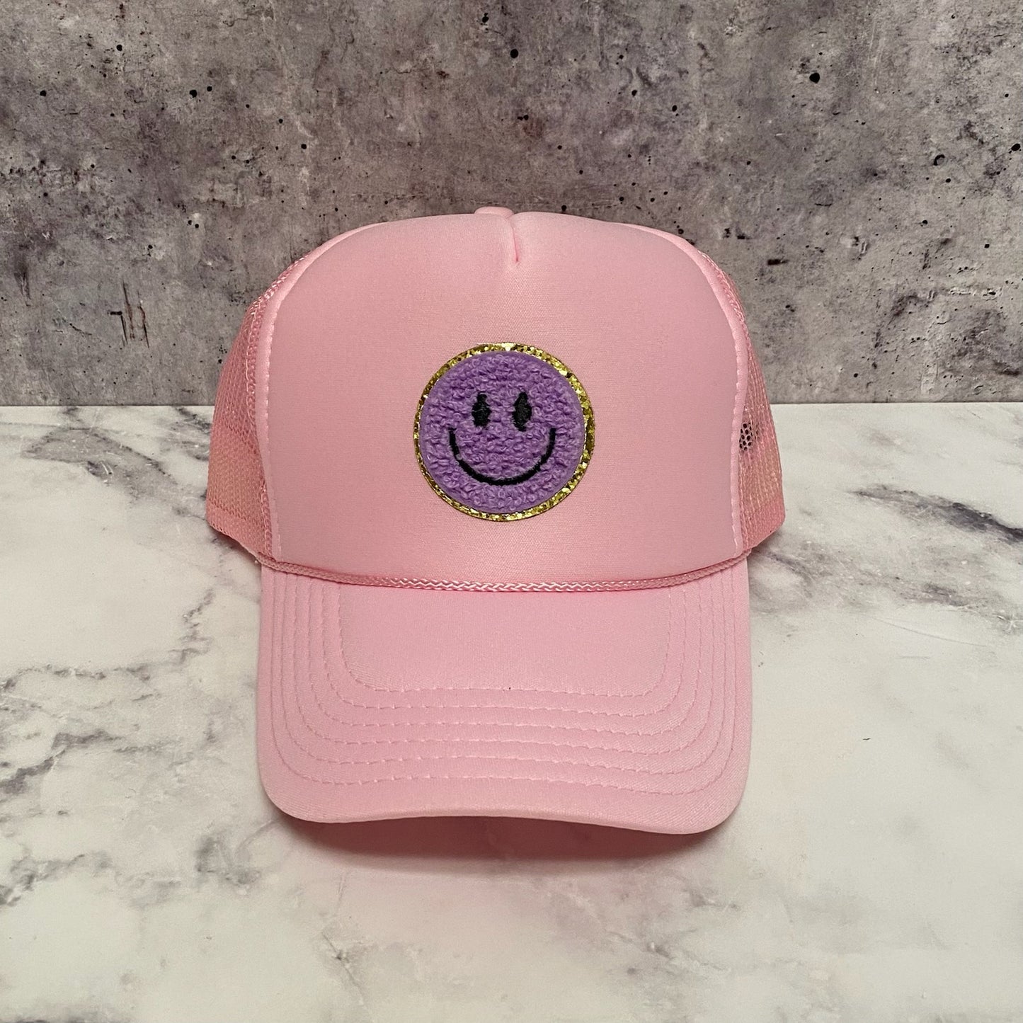 Purple Smiley Patch Trucker Hat