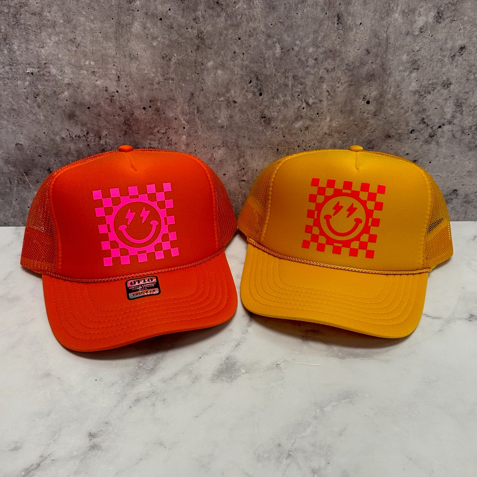 Checkered Smiley Trucker Hat
